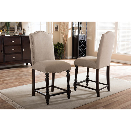 Baxton Studio Zachary Oak Brown Beige Linen Upholstered Counter Chair, PK2 119-6357